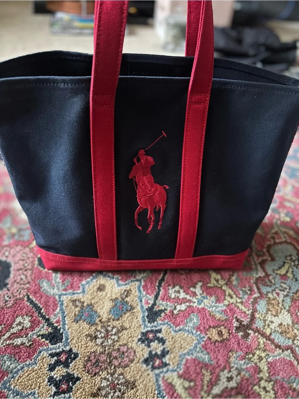 Ralph Lauren Black Canvas Tote with Red Trim and Polo Logo